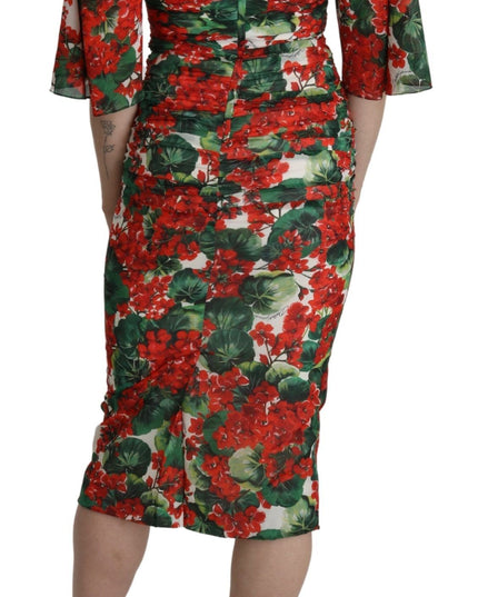 Dolce & Gabbana Red Floral Sheath Midi Silk Stretch Dress