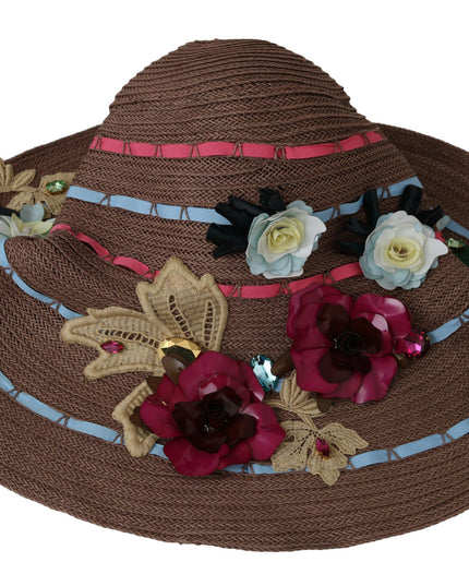 Dolce & Gabbana Brown Floral Wide Brim Straw Floppy Cap Hat