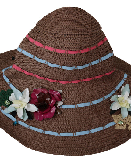 Dolce & Gabbana Brown Floral Wide Brim Straw Floppy Cap Hat