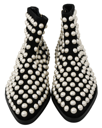 Dolce & Gabbana Black Suede Pearl Studs Boots Shoes