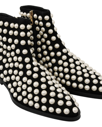 Dolce & Gabbana Black Suede Pearl Studs Boots Shoes