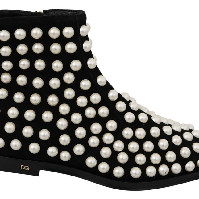 Dolce & Gabbana Black Suede Pearl Studs Boots Shoes