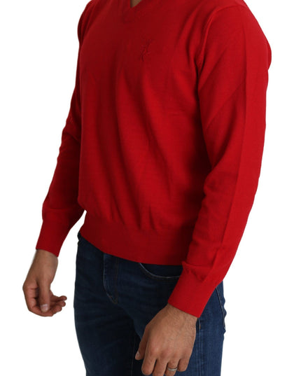 Billionaire Italian Couture Red V-neck Wool Sweatshirt Pullover Sweater