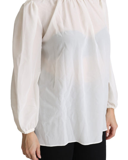 Dolce & Gabbana White Silk Pussy Bow Long Sleeved Top Blouse