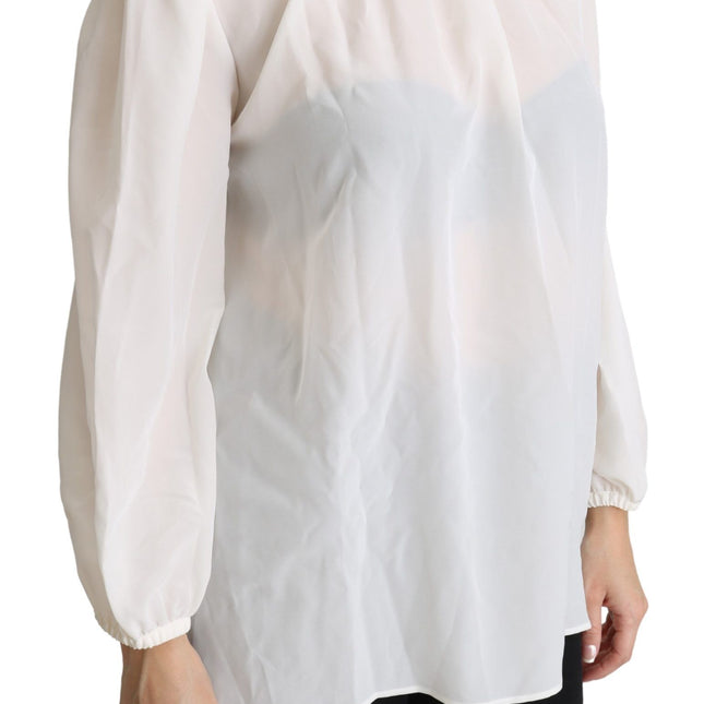 Dolce & Gabbana White Silk Pussy Bow Long Sleeved Top Blouse