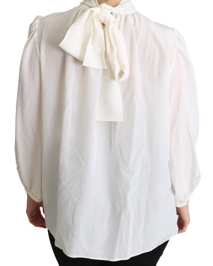 Dolce & Gabbana White Silk Pussy Bow Long Sleeved Top Blouse