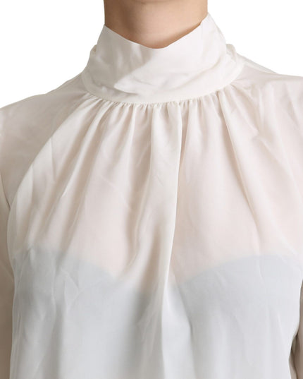 Dolce & Gabbana White Silk Pussy Bow Long Sleeved Top Blouse