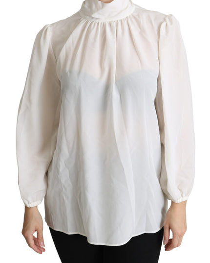 Dolce & Gabbana White Silk Pussy Bow Long Sleeved Top Blouse