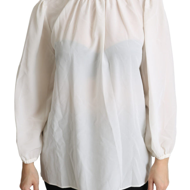 Dolce & Gabbana White Silk Pussy Bow Long Sleeved Top Blouse