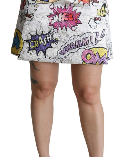 Dolce & Gabbana White Cartoon Brocade A-line High Waist Skirt