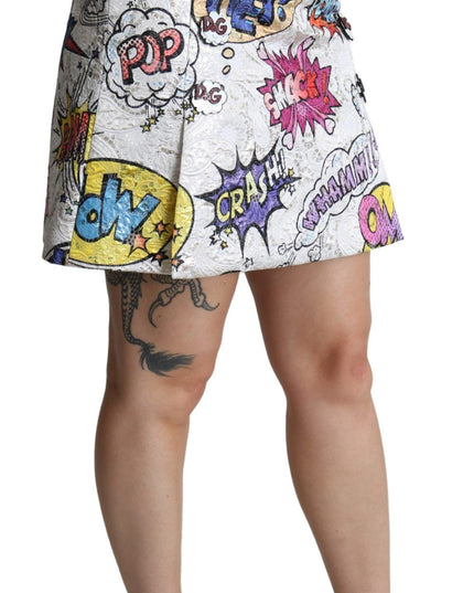 Dolce & Gabbana White Cartoon Brocade A-line High Waist Skirt