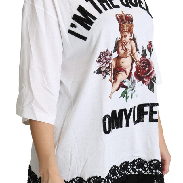 Dolce & Gabbana White Angel Print Cotton Round Neck Shirt Tops