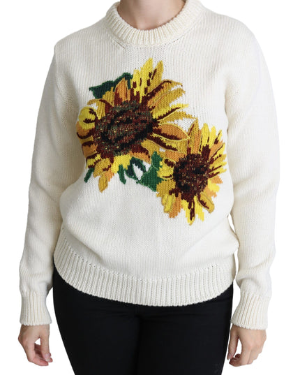 Dolce & Gabbana White Floral Wool Pullover Sunflower Sweater