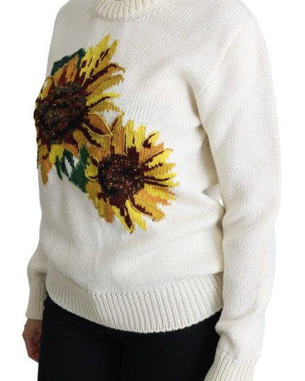Dolce & Gabbana White Floral Wool Pullover Sunflower Sweater