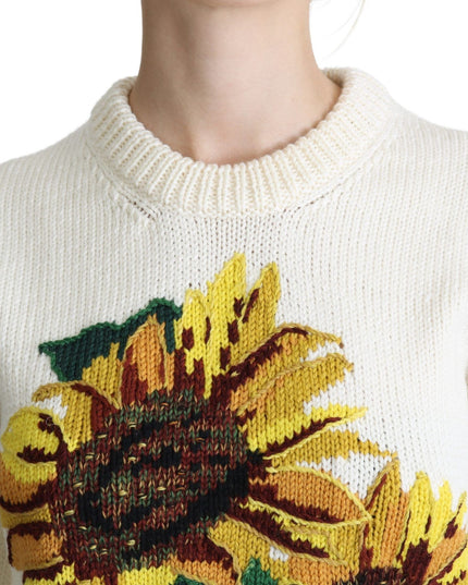 Dolce & Gabbana White Floral Wool Pullover Sunflower Sweater