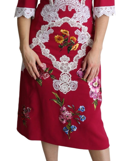 Dolce & Gabbana Red Floral Embroidered Sheath Midi Dress