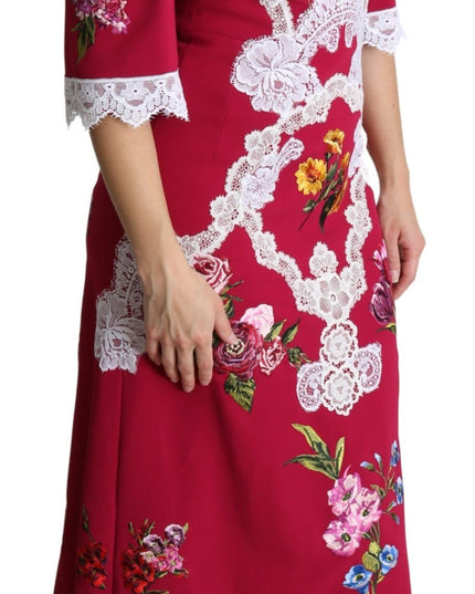 Dolce & Gabbana Red Floral Embroidered Sheath Midi Dress