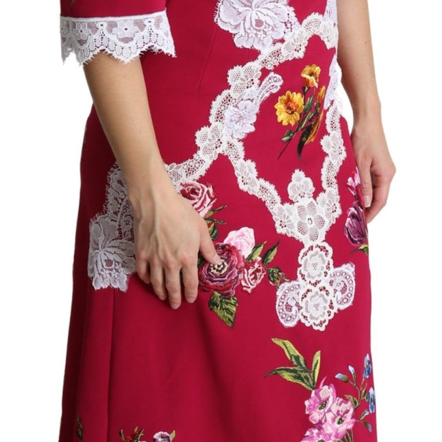 Dolce & Gabbana Red Floral Embroidered Sheath Midi Dress