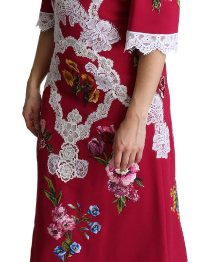 Dolce & Gabbana Red Floral Embroidered Sheath Midi Dress