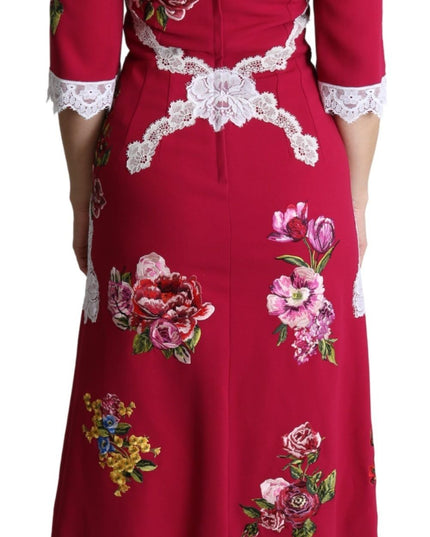 Dolce & Gabbana Red Floral Embroidered Sheath Midi Dress