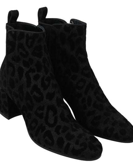 Dolce & Gabbana Black Leopard Short Boots Zipper Shoes