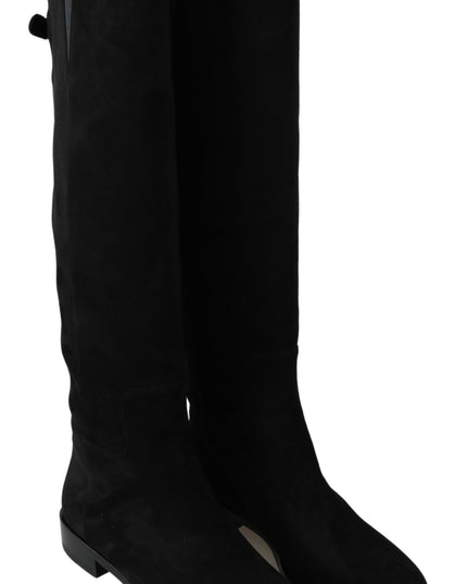 Dolce & Gabbana Black Suede Knee High Flat Boots Shoes