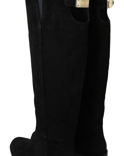 Dolce & Gabbana Black Suede Knee High Flat Boots Shoes