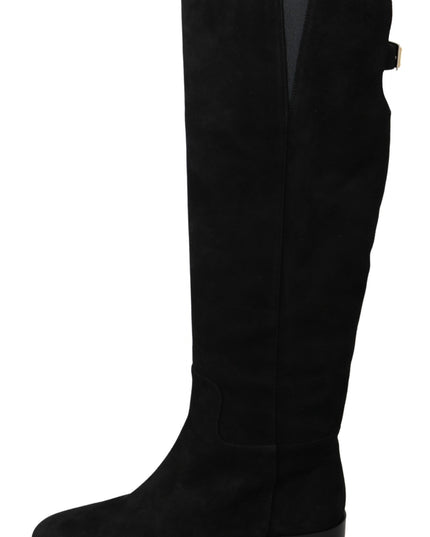 Dolce & Gabbana Black Suede Knee High Flat Boots Shoes