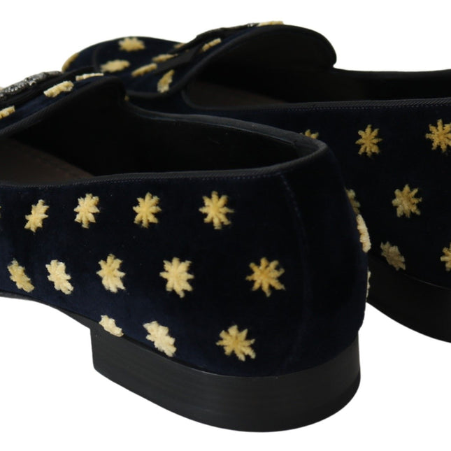 Dolce & Gabbana Blue Velvet Crown Slippers Loafers Shoes