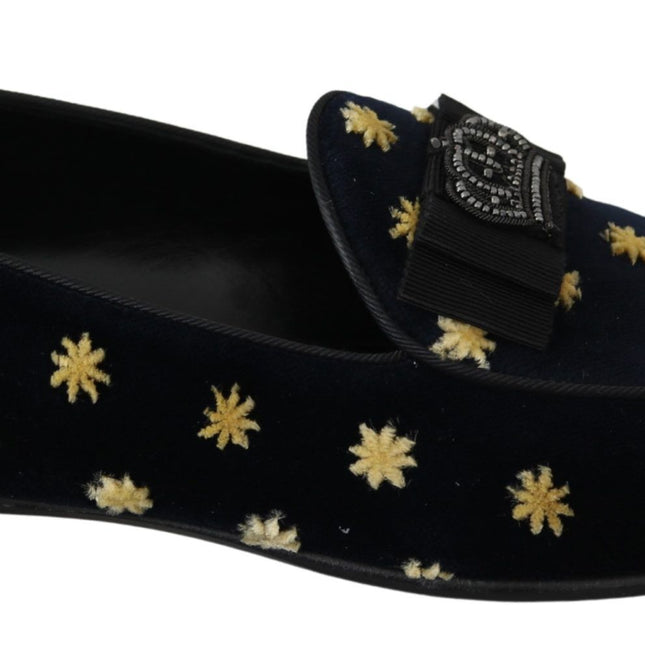 Dolce & Gabbana Blue Velvet Crown Slippers Loafers Shoes