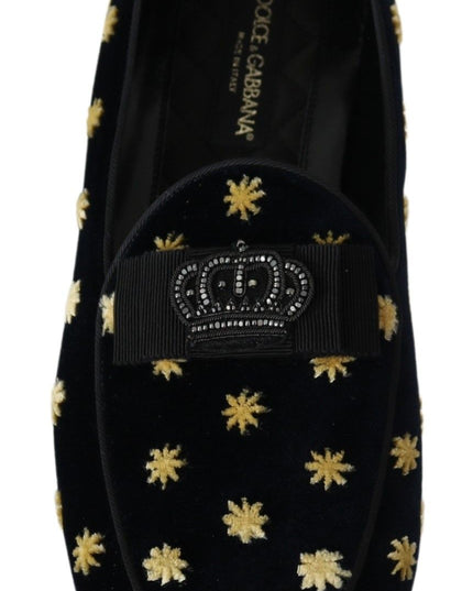 Dolce & Gabbana Blue Velvet Crown Slippers Loafers Shoes
