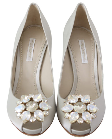 Dolce & Gabbana White Crystals Peep Toe Heels Satin Pumps Shoes