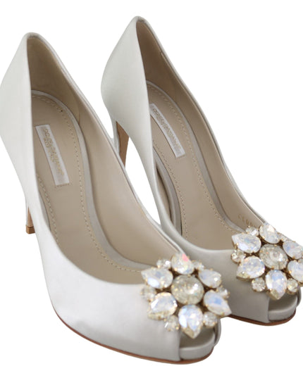 Dolce & Gabbana White Crystals Peep Toe Heels Satin Pumps Shoes