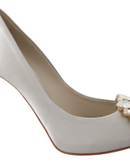 Dolce & Gabbana White Crystals Peep Toe Heels Satin Pumps Shoes