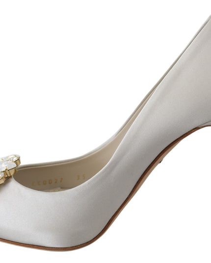 Dolce & Gabbana White Crystals Peep Toe Heels Satin Pumps Shoes