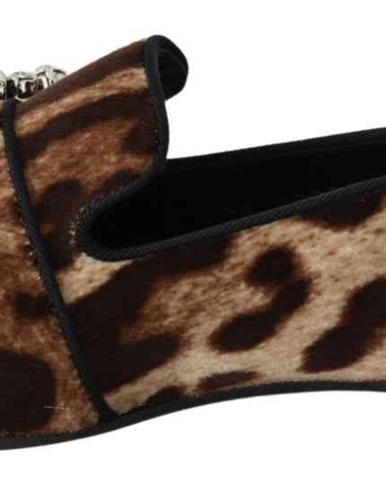 Dolce & Gabbana Brown Leopard Print Crystals Loafers Flats Shoes