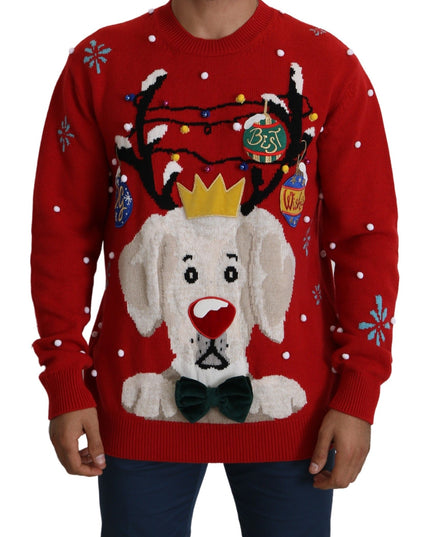 Dolce & Gabbana Red Christmas Dog Pullover Cashmere Sweater