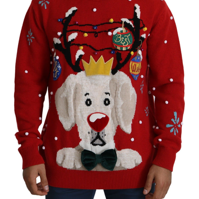 Dolce & Gabbana Red Christmas Dog Pullover Cashmere Sweater