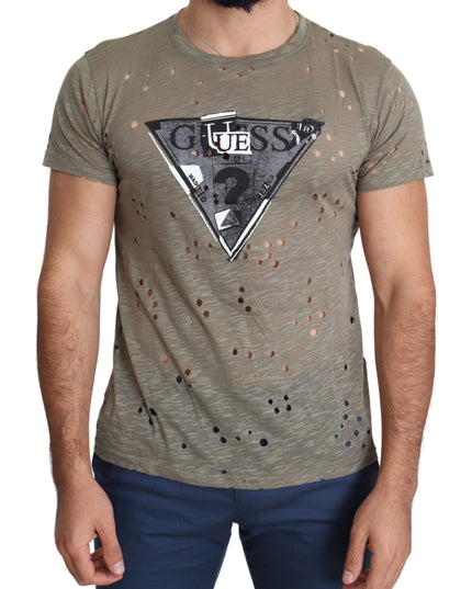 Guess Brown Cotton Stretch Logo Print Men Casual Perforated T-shirt