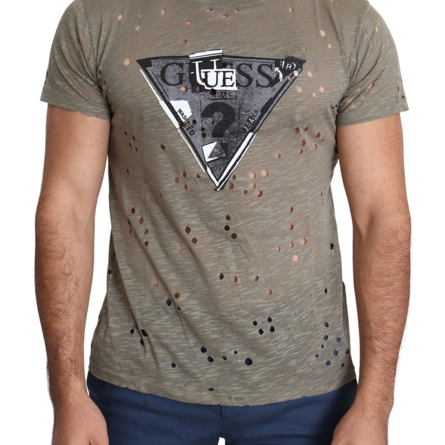 Guess Brown Cotton Stretch Logo Print Men Casual Perforated T-shirt