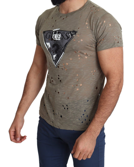 Guess Brown Cotton Stretch Logo Print Men Casual Perforated T-shirt