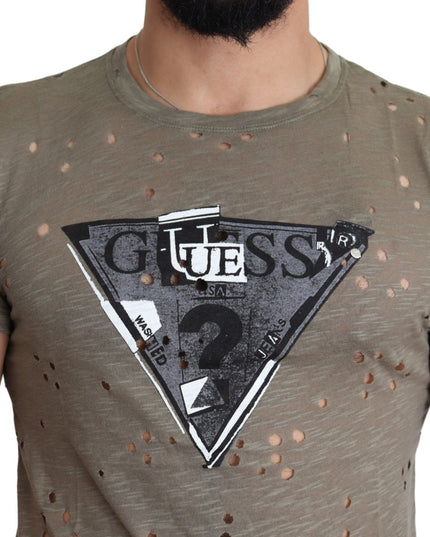 Guess Brown Cotton Stretch Logo Print Men Casual Perforated T-shirt
