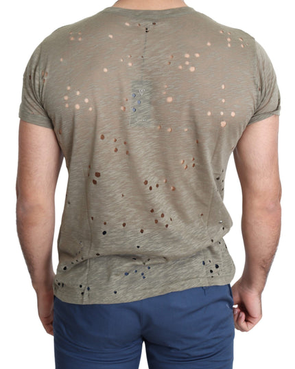 Guess Brown Cotton Stretch Logo Print Men Casual Perforated T-shirt