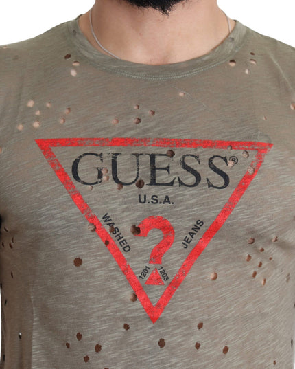 Guess Brown Cotton Stretch Logo Print Men Casual Perforated T-shirt