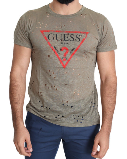 Guess Brown Cotton Stretch Logo Print Men Casual Perforated T-shirt