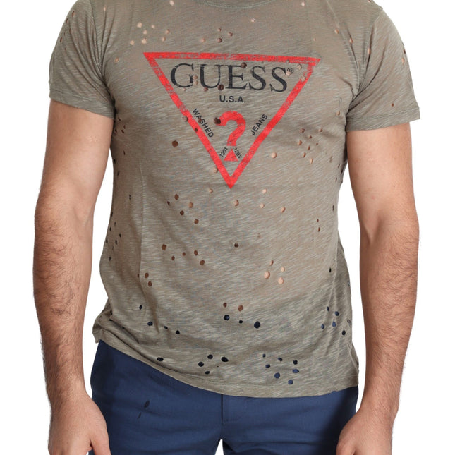 Guess Brown Cotton Stretch Logo Print Men Casual Perforated T-shirt