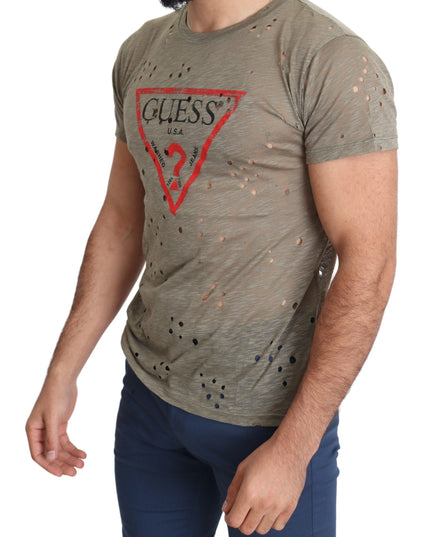 Guess Brown Cotton Stretch Logo Print Men Casual Perforated T-shirt