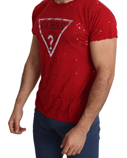 Guess Red Cotton Logo Print Men Casual Top Perforated T-shirt