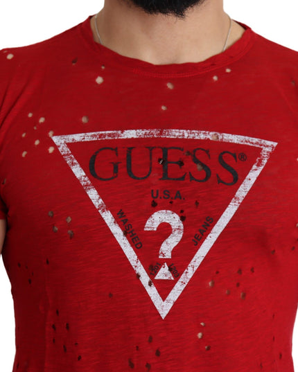 Guess Red Cotton Logo Print Men Casual Top Perforated T-shirt