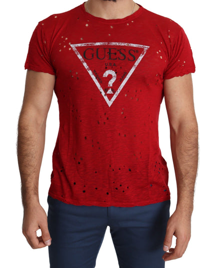 Guess Red Cotton Logo Print Men Casual Top Perforated T-shirt